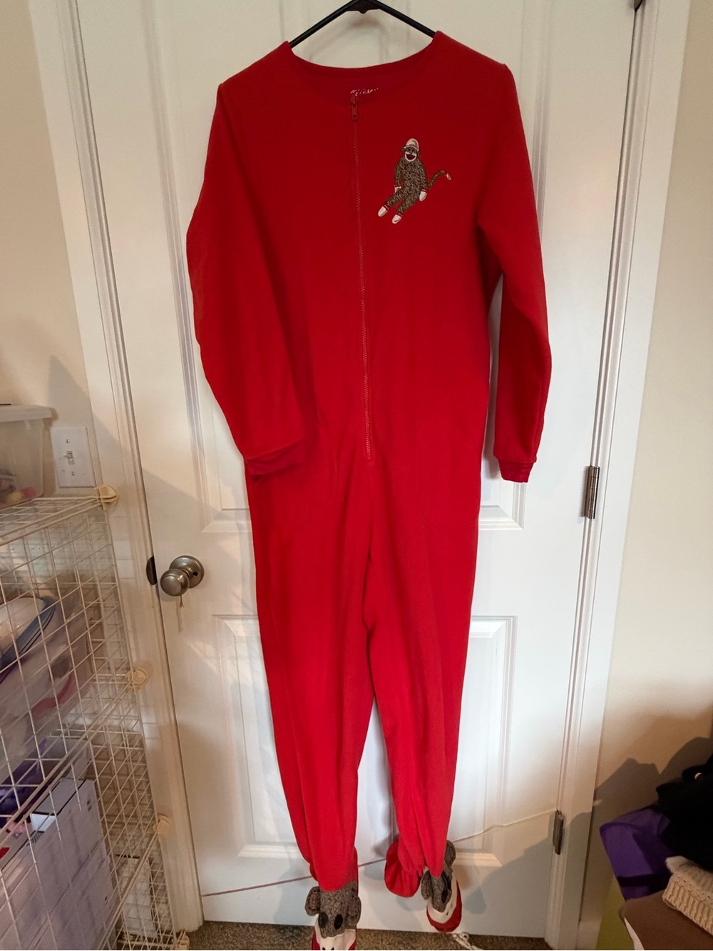 Nick & Nora Red adult One-Piece Zipper Footed Pajama with Skiing Monkey